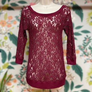 Express Burgundy Sheer Lace Top